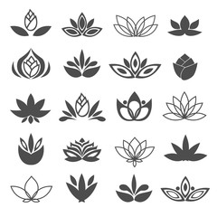 Set of black flowers design elements. Plant, blossom and sprout growing icons flat line design vector.