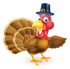 Cartoon Thanksgivng Pilgrim Hat Turkey Bird Pointing