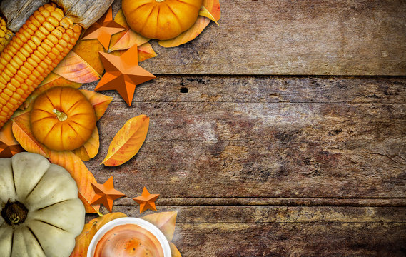 thanksgiving day decoration for holiday celebration, coffee cup and pumpkin on old woodeb table background