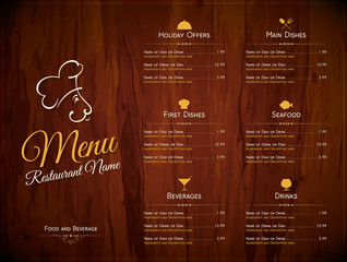 Restaurant menu design. Vector menu brochure template for cafe, coffee house, restaurant, bar. Food and drinks logotype symbol design. With chef hat, fork and spoon - obrazy, fototapety, plakaty