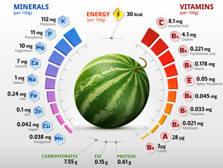 Vitamins and minerals of watermelon fruit. Infographics about nutrients in raw melon. Qualitative vector illustration for watermelon, vitamins, fruits, agriculture, health food, nutrients, diet, etc