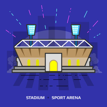 Flat illustration of stadium against blue background. Flat design of sport arena building, front view. Vector illustration about sport, tournament, game, sport venue, championship, sport facility, etc