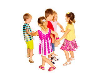 Group of emotional children friends dancing.