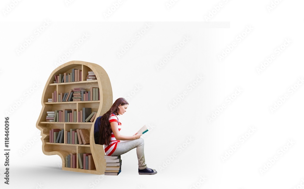 Poster composite image of student reading book in library