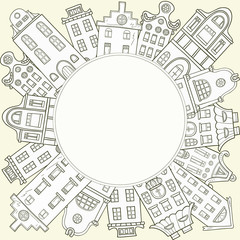 Decorative frame of hand-drawn and colored houses. Cartoon style.