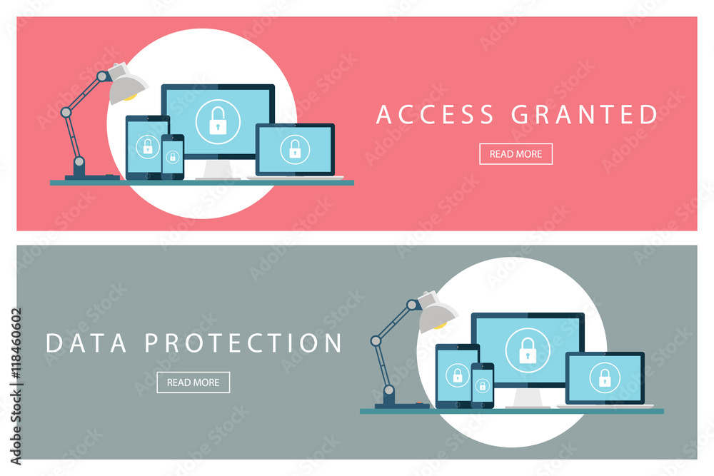 Poster Set of flat design concepts Access granted and Data protection. Banners for web design, marketing and promotion. Presentation templates. Vector illustration.