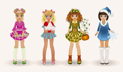 Little seasons girls, vector illustration