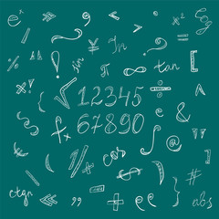 Hand Drawn Doodle Symbols and Numbers.Chalk Scribble Signs on Green Background. Vector Illustration.