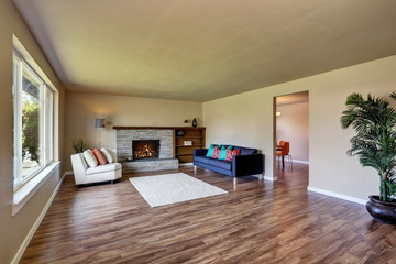 Modern living room interior with fireplace and hardwood flo