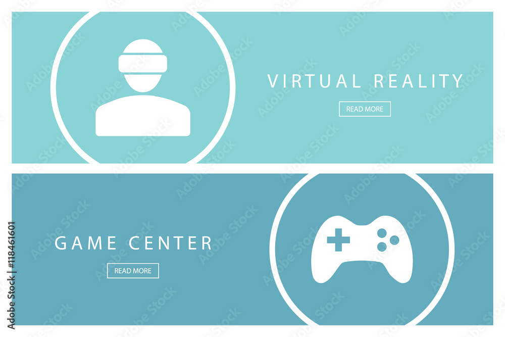 Poster Set of flat design illustration concepts Virtual reality and Game center. Banners for web design, marketing and promotion. Presentation templates. Vector illustration.