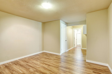 Hallway interior in light tones walls and hardwood floor.