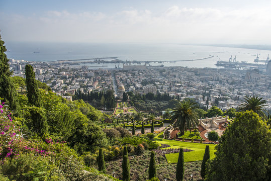 View of Haifa and The Bahai gardens in Haifa, Israel