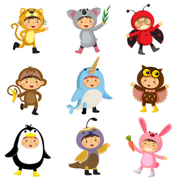 Set of cute kids wearing animal costumes. 