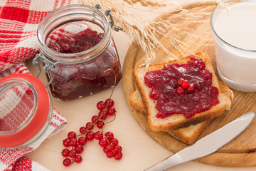 bread with jam for breakfast and milk