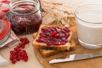 bread with jam for breakfast and milk