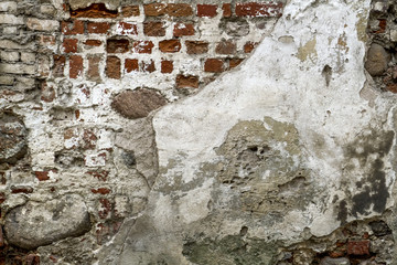 White red old brick painted wall with damaged plaster texture background