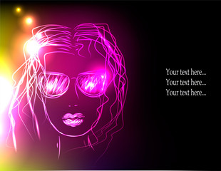 Girl in sunglasses, neon lights. Concept of rest, disco, party etc.