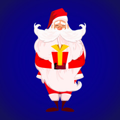Merry Christmas! Happy New Year. Santa Claus with long beard and cute moustache in red. Papa Noel present red gift with gold ribbon isolated over blue. Presents on Christmas day concept. vector.