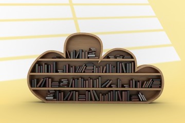 Composite image of books on cloud shaped wooden shelves