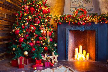 Christmas Room Interior Design, Xmas Tree Decorated By Lights Pr
