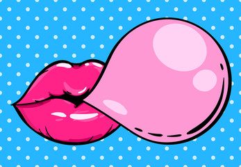 Naklejka premium Woman pink lips with gum bubble on pop art background. Vector illustration