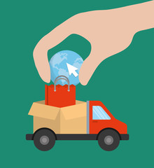 truck box bag planet cursor hand online payment shopping ecommerce icon. Flat illustration. Vector graphic