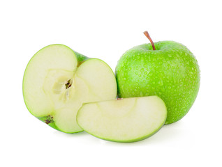 Green granny smith apple with a Drop of water on white backgroun
