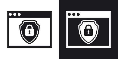 Vector Program window icon with a protective shield symbol. Two-tone version of simple icon on black and white background