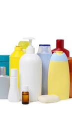 Group of shampoo or body care bottles isolated on white. Assortment  hygiene products