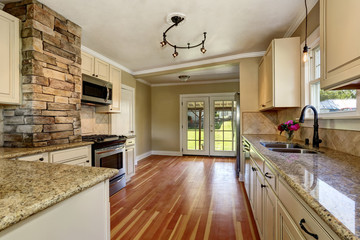 Kitchen room with white cabinets, stainless steel and hardwood floor