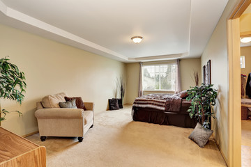 Bedroom interior with carpet floor, armchair and brown bedding