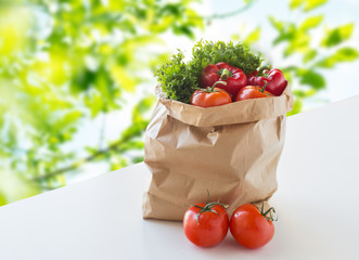 paper bag with fresh ripe vegetables on table