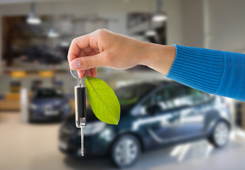 close up of hand holding car key with green leaf