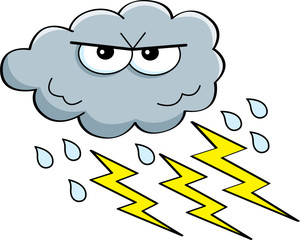 Cartoon illustration of a storm cloud with rain and lightning.