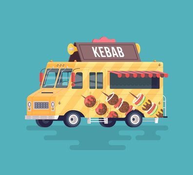 Vector colorful flat kebab truck. Barbecue and smoked meat. Street cuisine. Cartoon food truck illustration.