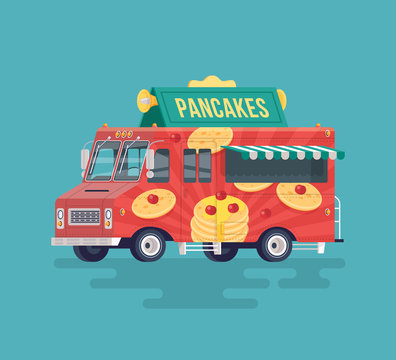 Vector colorful flat pancakes truck. Food truck. Street cuisine. Cartoon food truck illustration.