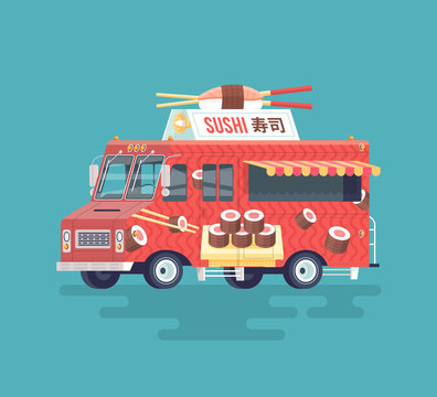 Vector colorful flat sushi truck. Japanese traditional cuisine. Street cuisine. Cartoon food truck illustration.