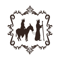 joseph maria holy family merry christmas frame icon. Black white isolated design. Vector illustration