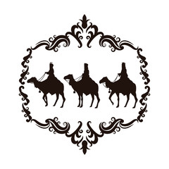 wise man camel holy family merry christmas frame icon. Black white isolated design. Vector illustration