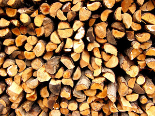 Piled firewood, wood texture close up