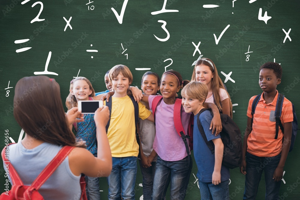 Poster composite image of cute pupils using mobile phone