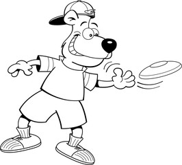 Black and white illustration of a bear throwing a flying disc.