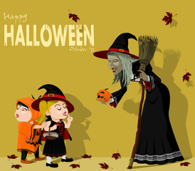 Kids dealing with old witch on Halloween night
