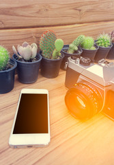 Mobile blank screen and camera on wood background with cactus.