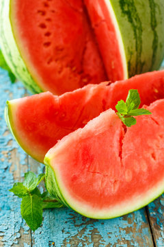 Fresh watermelon sliced  close up on the table