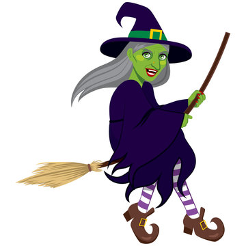 Ugly green evil witch flying on a broom isolated on white background