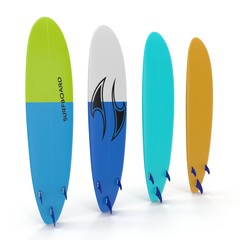 Set of different color surf boards on white 3D Illustration