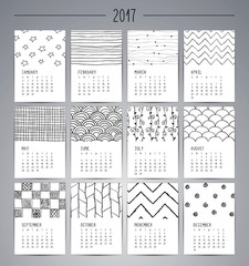 Calendar 2017. Templates with Hand Drawn Patterns