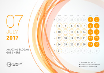 Desk Calendar for 2017 Year. July. Week Starts Monday. Vector Design Print Template with Abstract Circle Background