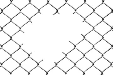 Hole in the Wire Mesh Fence on a white